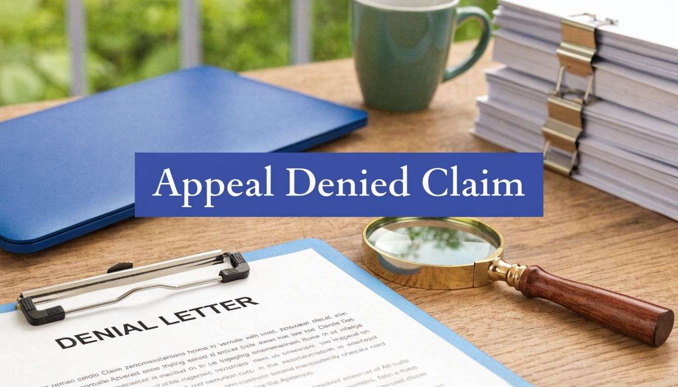 Desk scene with a denial letter on a clipboard, a magnifying glass, mug, and a stack of papers; a blue banner reads 'Appeal Denied Claim'.