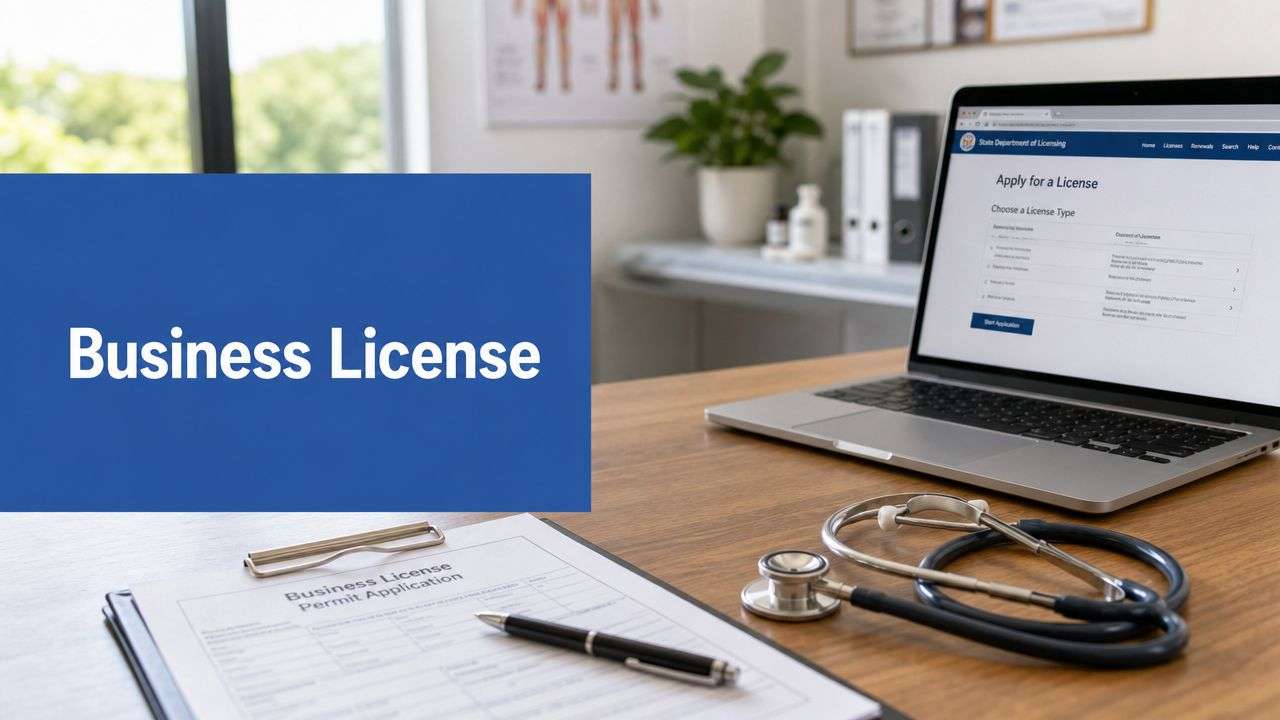 Blue panel reading 'Business License' sits on a desk beside a laptop open to a license-application page, with a clipboard and stethoscope nearby.