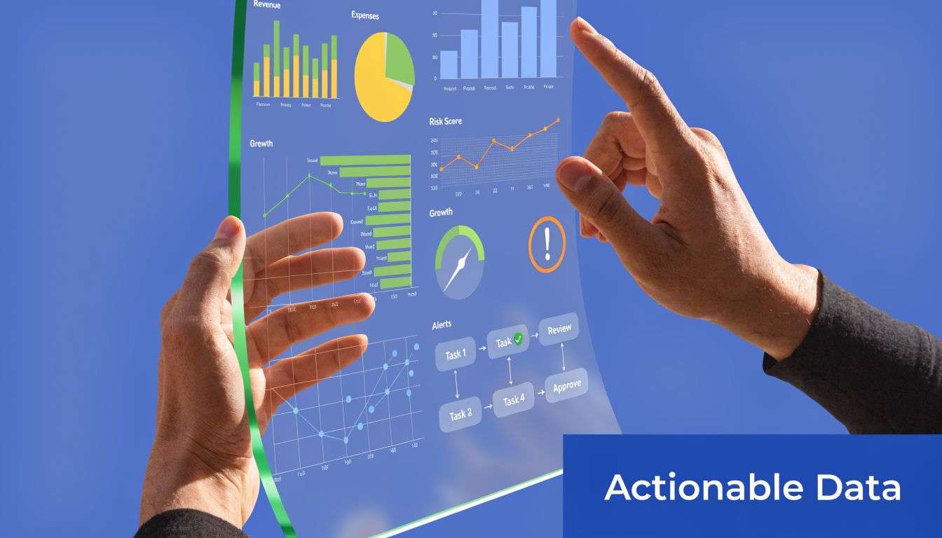 A person using a futuristic transparent screen to interact with business analytics and data charts.