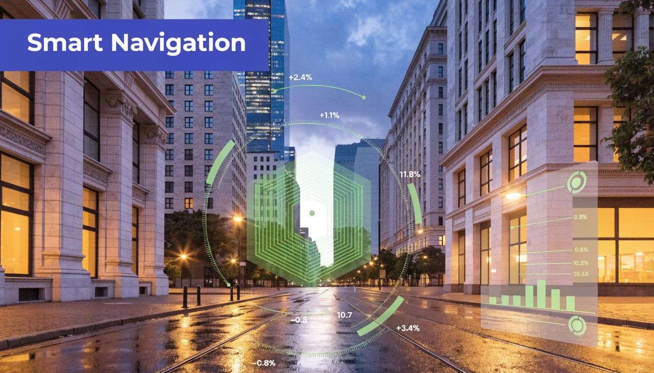 A conceptual street view featuring futuristic data overlays and digital navigation elements representing advanced urban analytics.