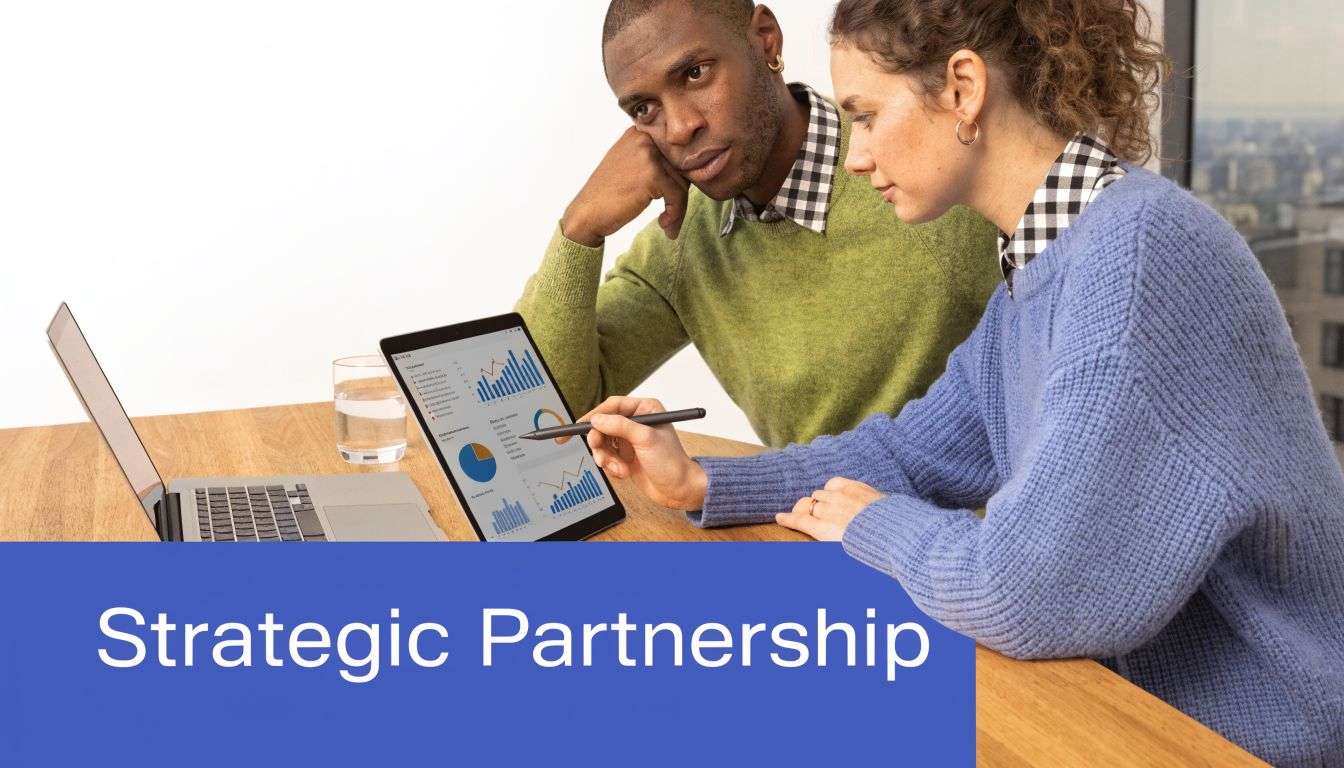 A professional man and woman analyzing data trends on a laptop screen while working together at a desk.