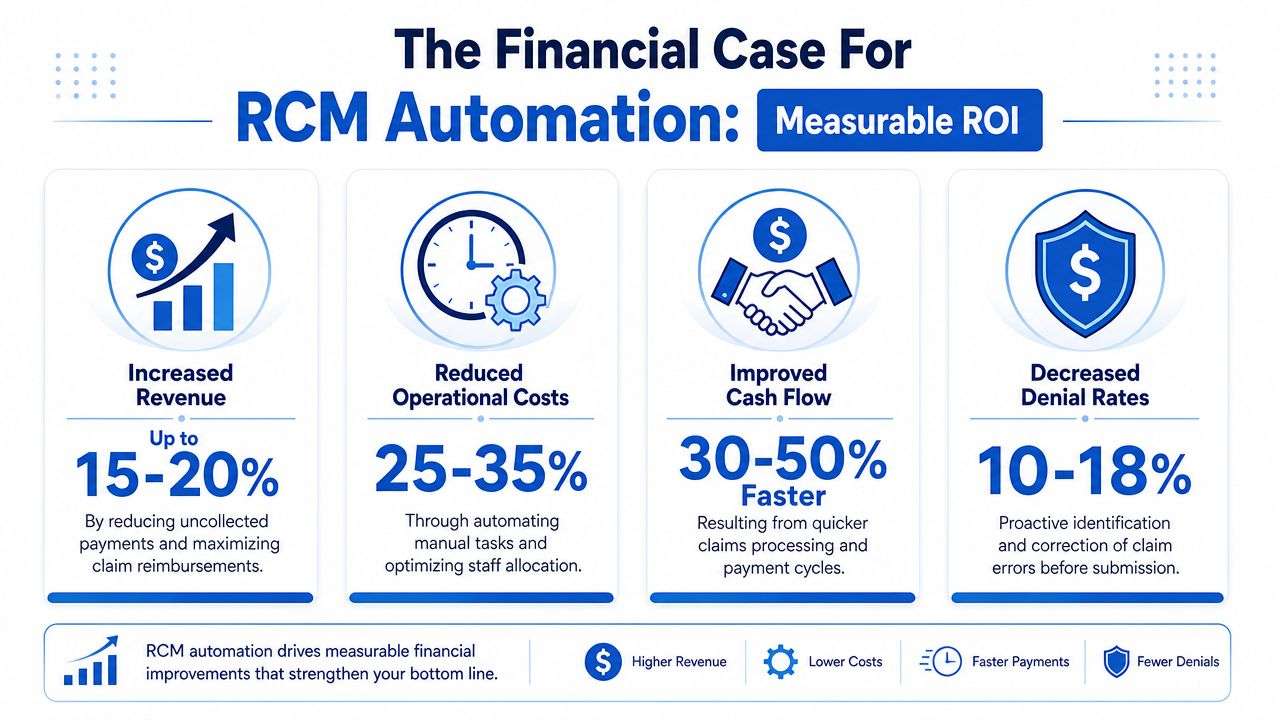 An infographic showing the financial benefits and measurable ROI of implementing revenue cycle management automation for healthcare providers.