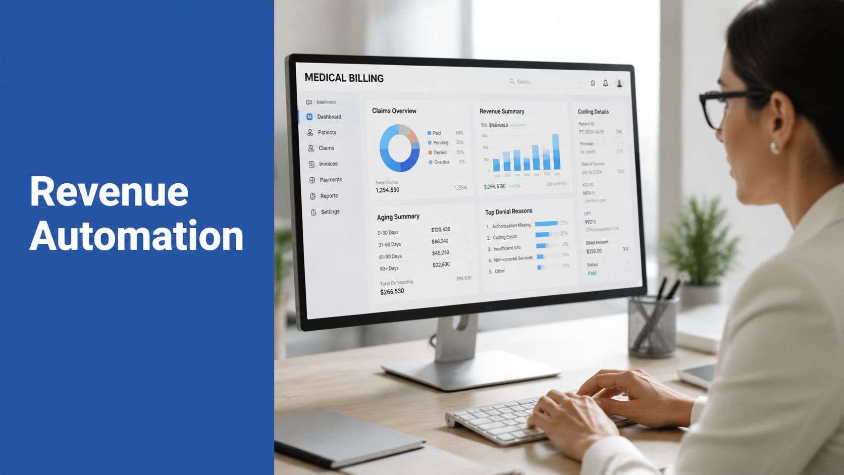 Blue panel with the words 'Revenue Automation' beside a person typing at a desk, viewing a monitor showing a dashboard of charts and data.