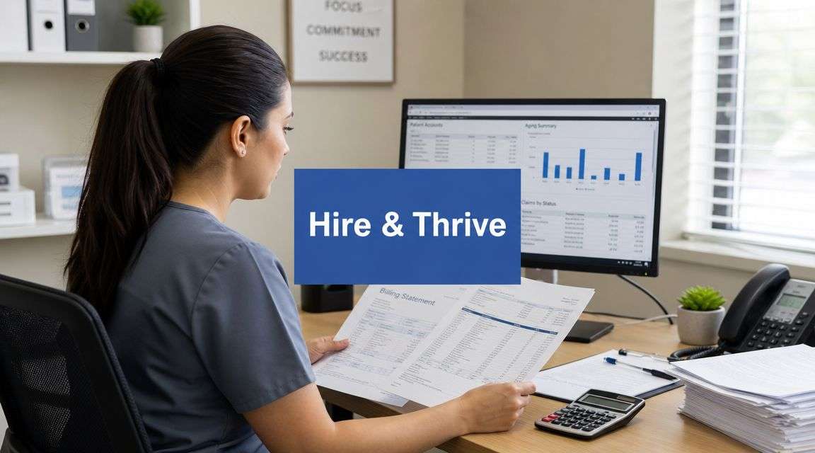 Professional woman at a desk reviews financial statements while a monitor shows charts, with a blue 'Hire & Thrive' banner in the foreground.