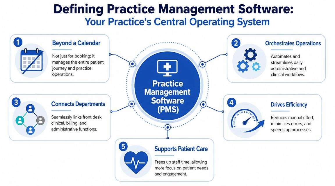 An infographic titled Defining Practice Management Software showing five key roles of a medical management system.
