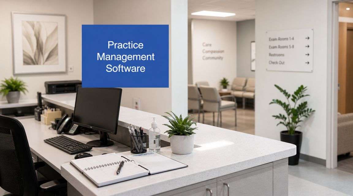 Reception desk with computer, notebook, and hand sanitizer; blue sign reads 'Practice Management Software' behind the desk