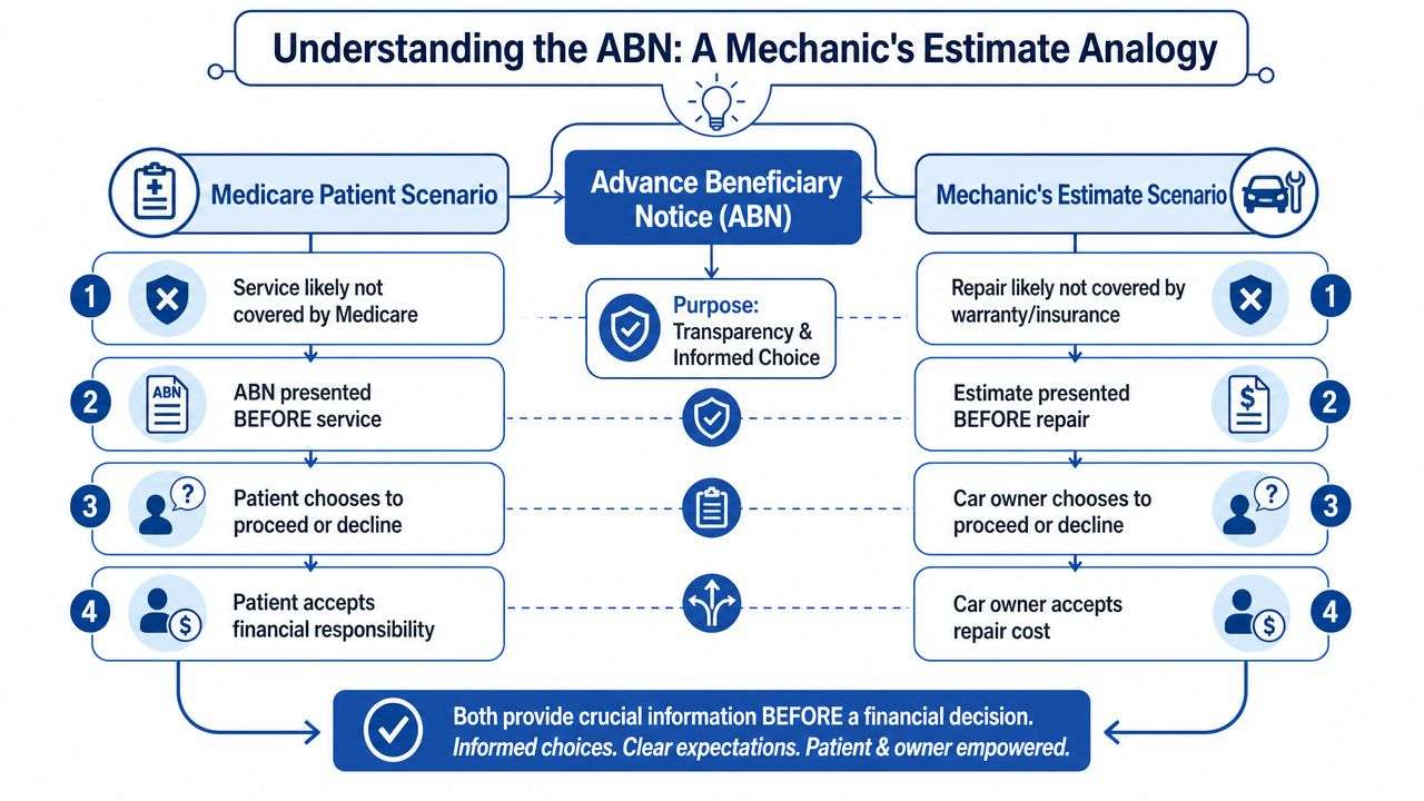 A diagram comparing the Medicare Advance Beneficiary Notice process to a mechanic's car repair estimate analogy.