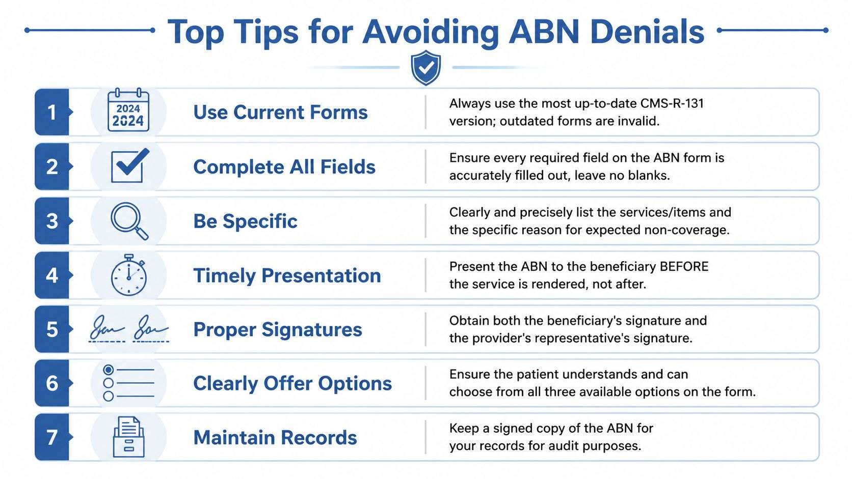 An infographic titled Top Tips for Avoiding ABN Denials featuring seven numbered steps for medical staff.