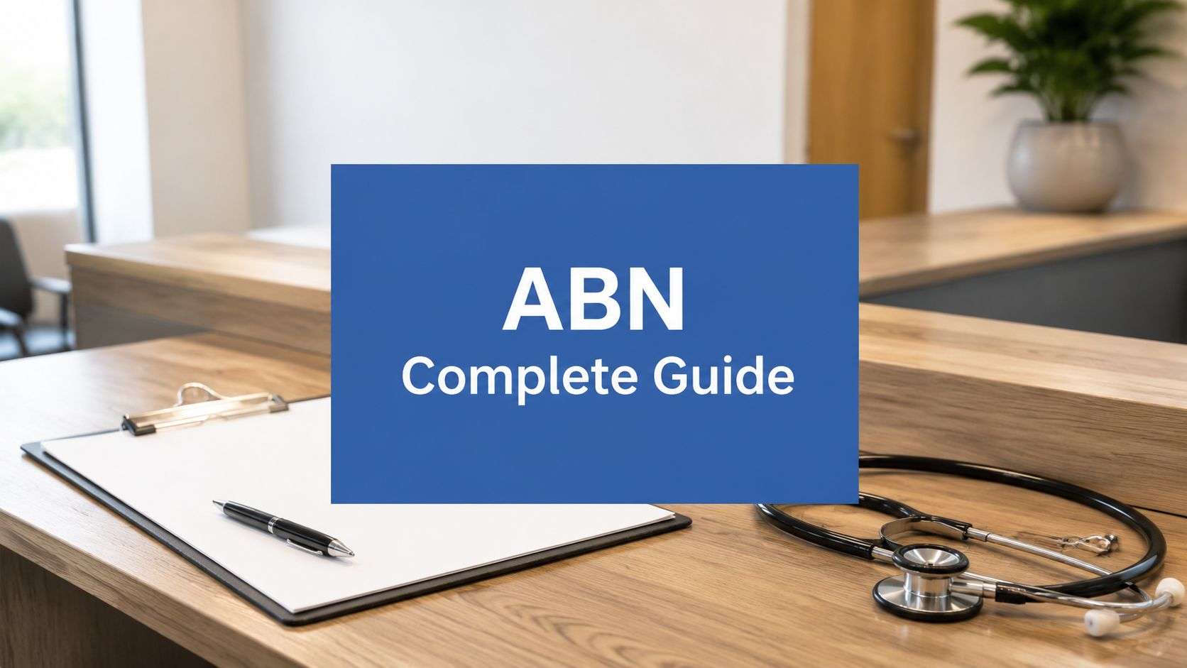 Blue sign reading 'ABN Complete Guide' on a wooden desk next to a clipboard and stethoscope in a medical office.