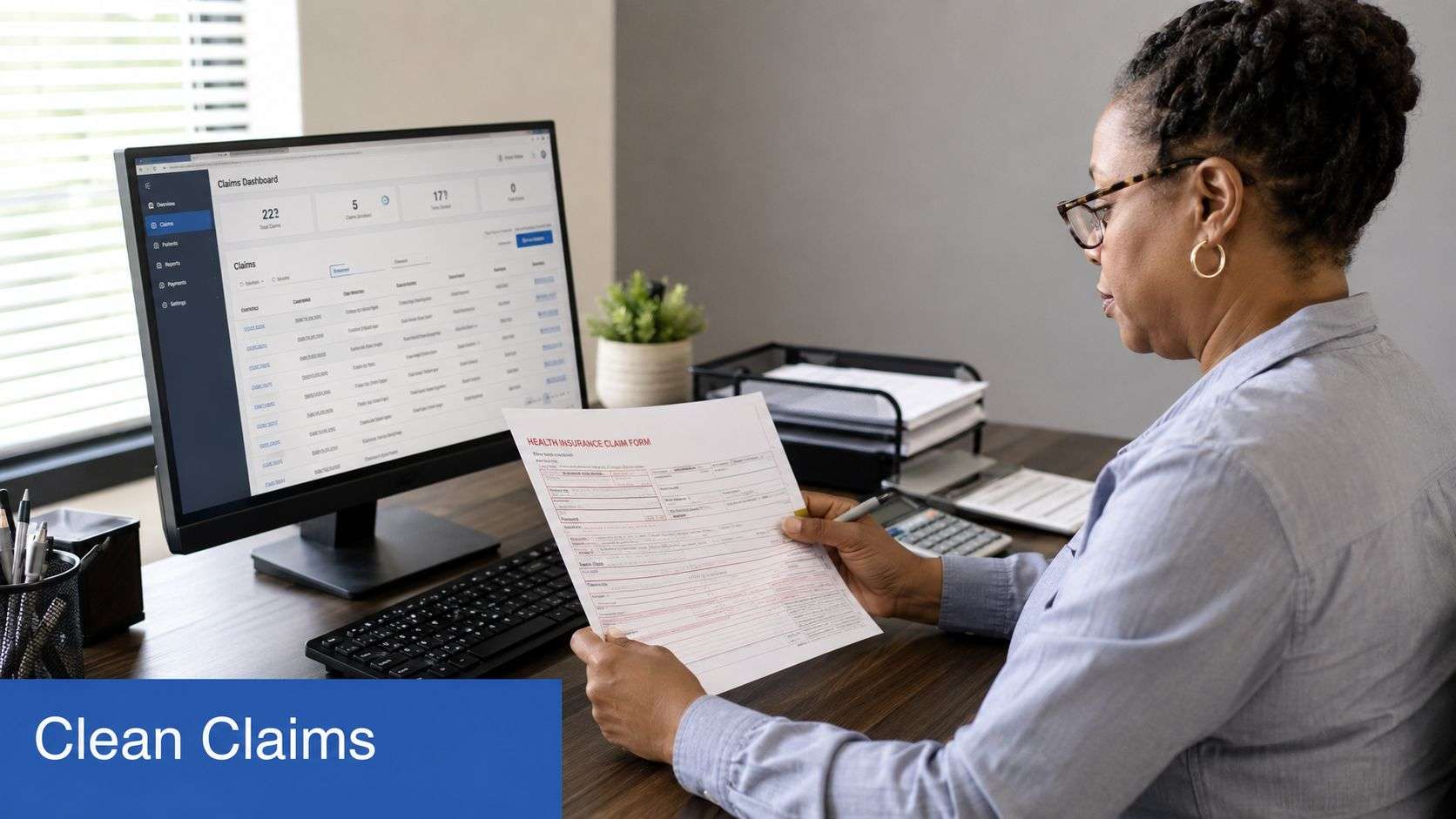 A professional woman working at a computer in an office, reviewing a health insurance claim form.
