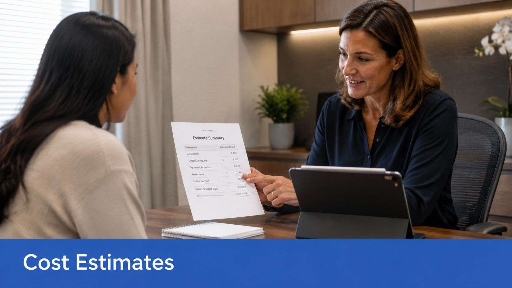 A professional financial advisor discusses a cost estimate document with a client in a modern office setting.