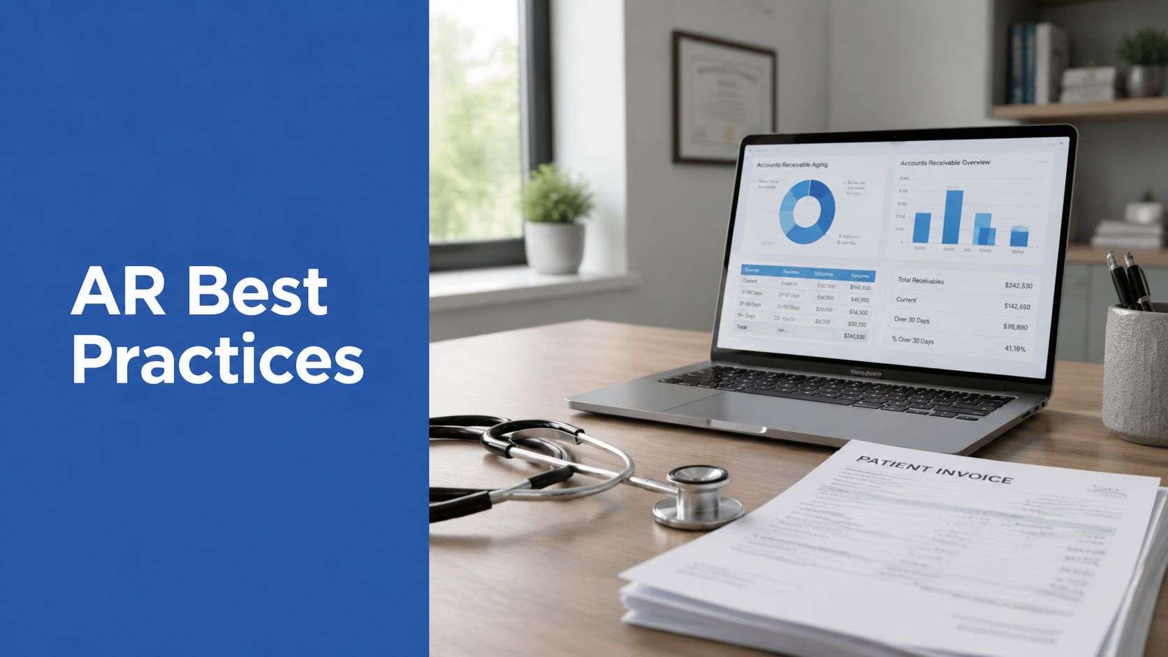 best-practices-for-accounts-receivable-financial-report - One For All Medical Billing Blue panel reads 'AR Best Practices' beside a desk with a laptop showing charts, a stethoscope, and a patient invoice on the desk.
