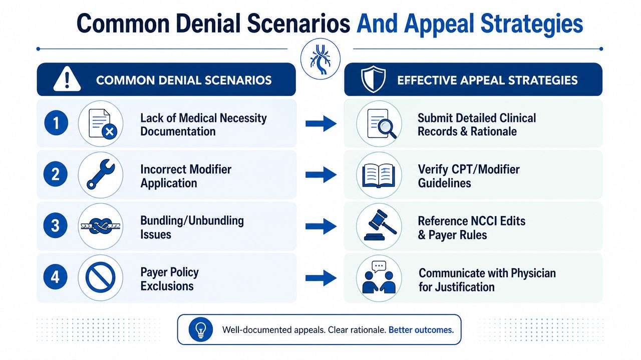 A chart showing common medical billing denial scenarios and effective strategies for submitting appeals for healthcare providers.
