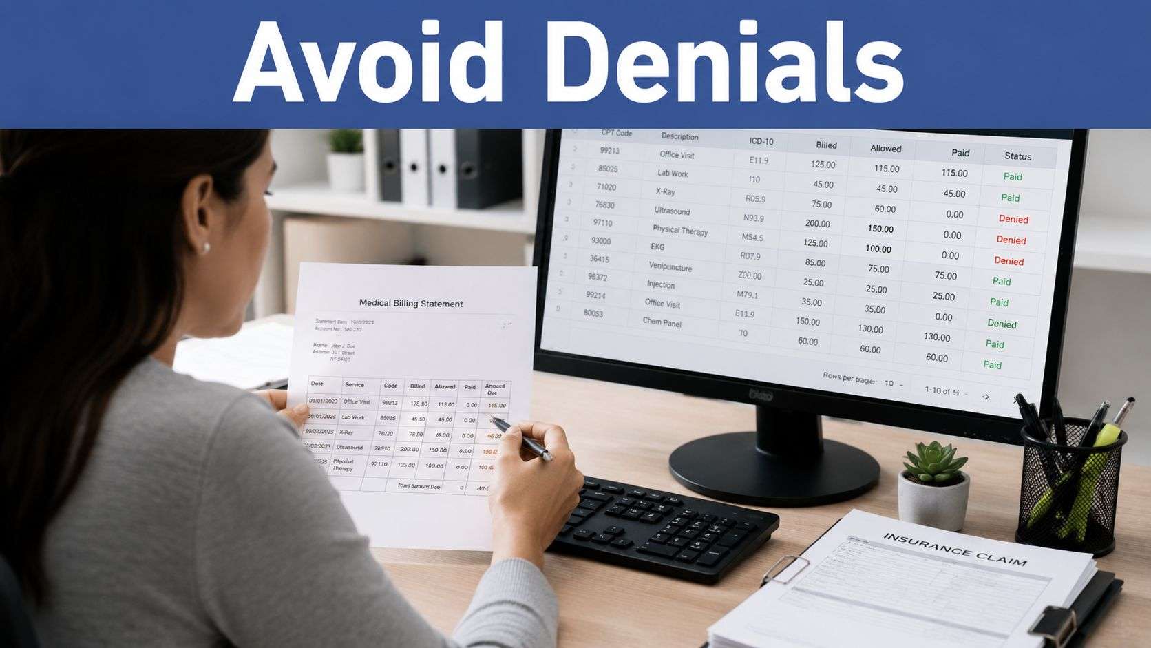 A professional analyzing medical billing statements and CPT codes on a computer screen in an office.
