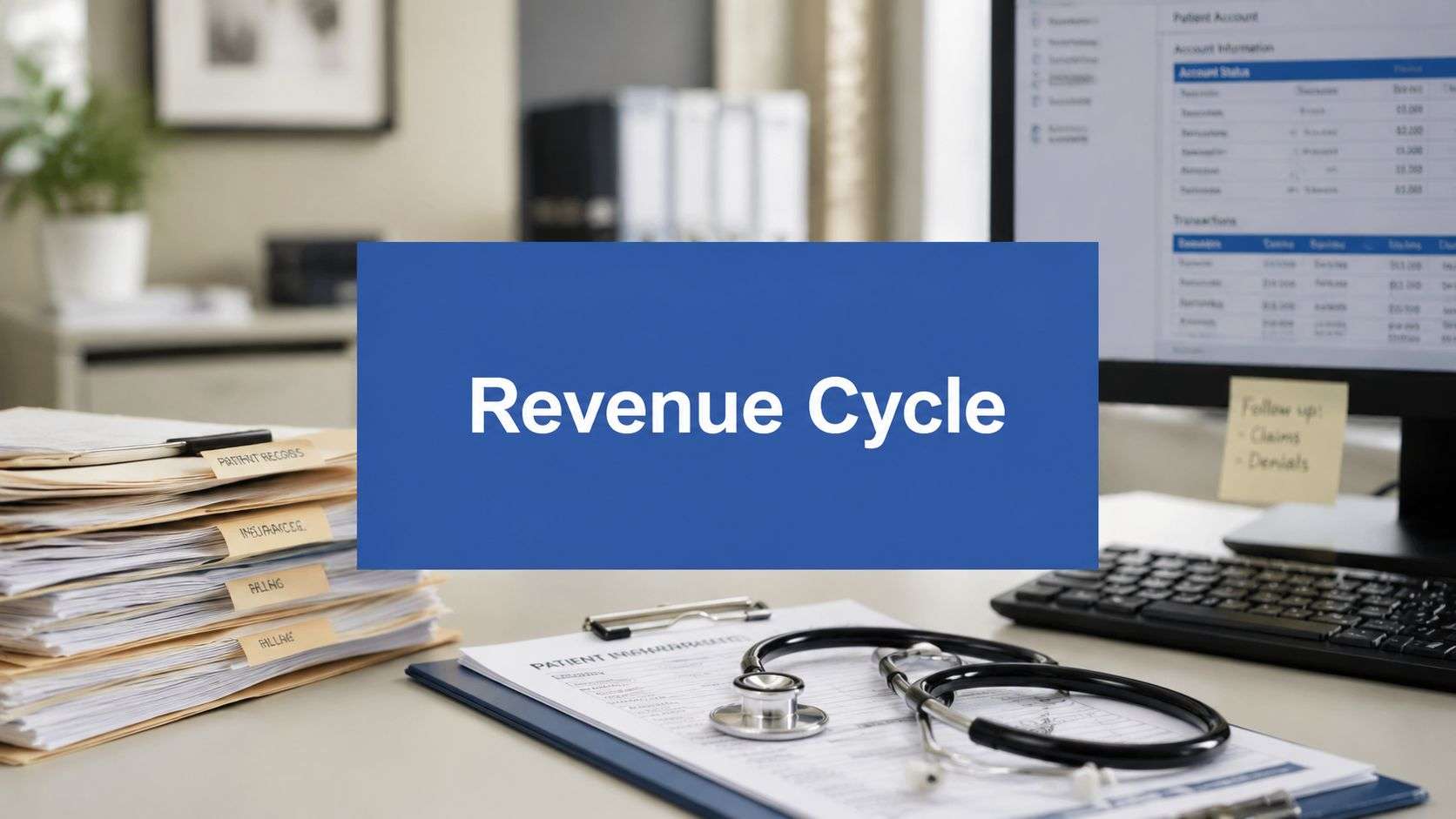Blue sign reading 'Revenue Cycle' on a desk, with stacked patient files, clipboard, stethoscope, and a computer monitor in the background.