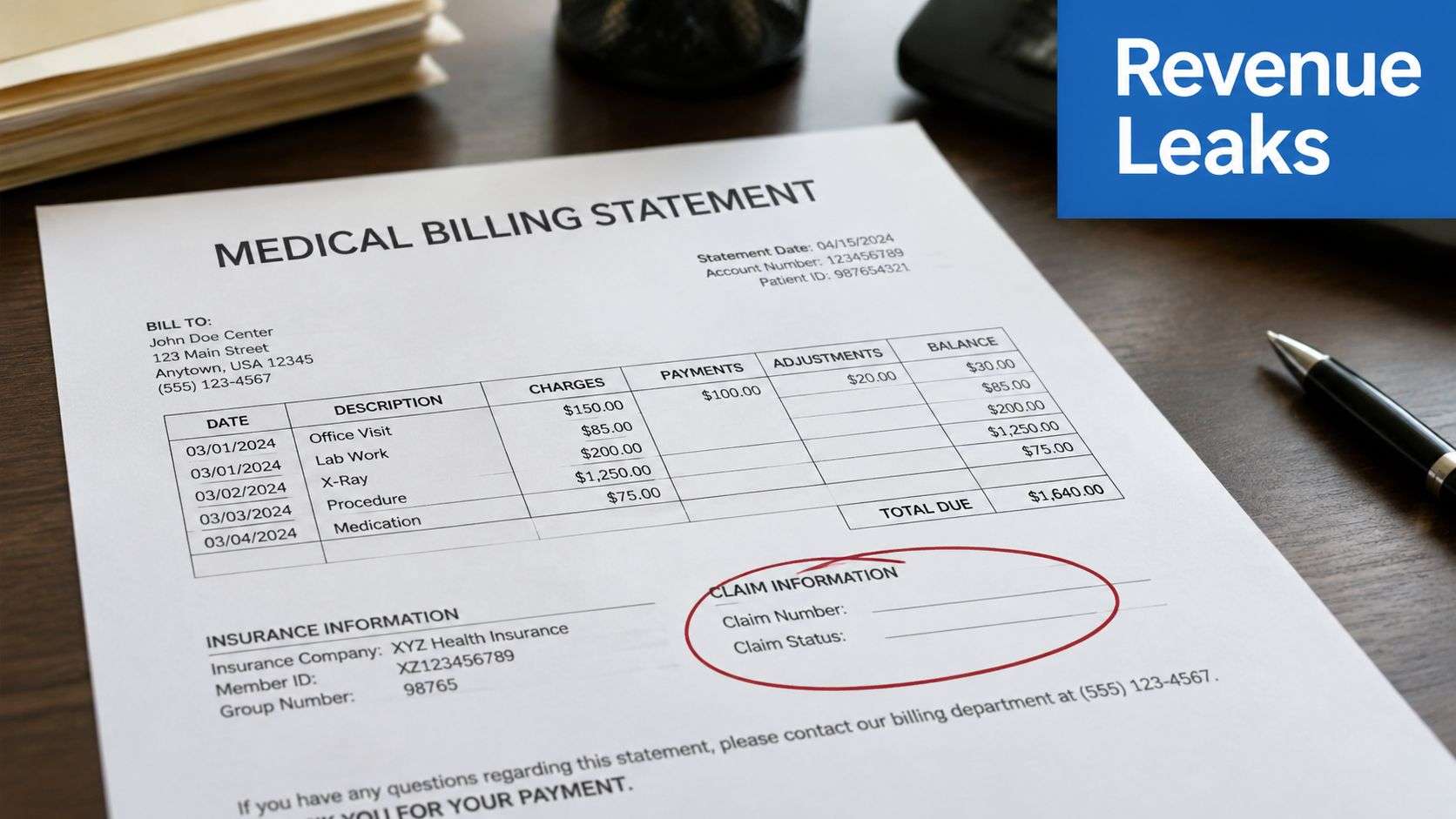 A medical billing statement displayed on a desk with a red circle highlighting missing claim information details.