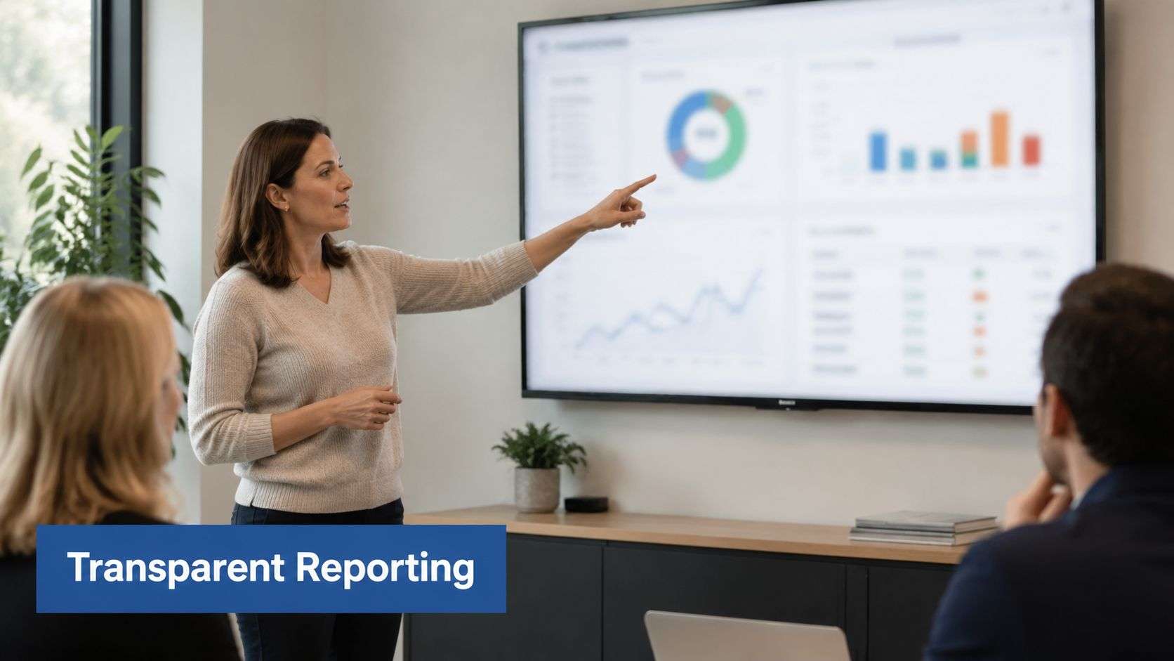 A professional woman presenting business data and financial charts to her colleagues during a team meeting.