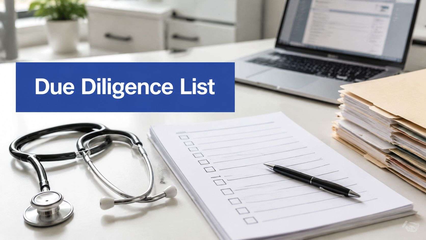 Blue banner reads 'Due Diligence List' on a desk with a stethoscope, checklist pad, pen, and stacked folders in the background.