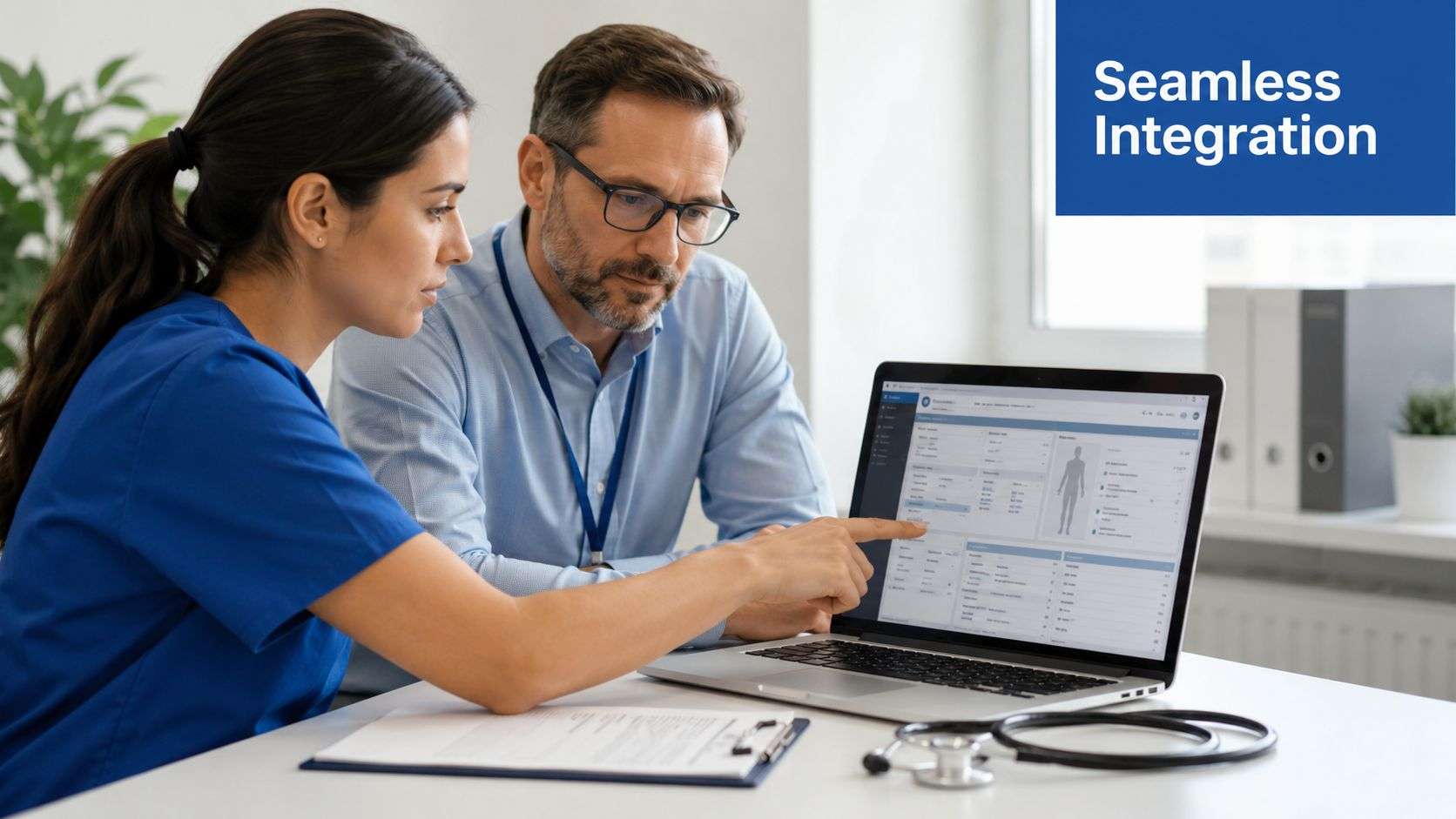 A healthcare professional and a consultant discuss patient digital data on a laptop computer screen together.