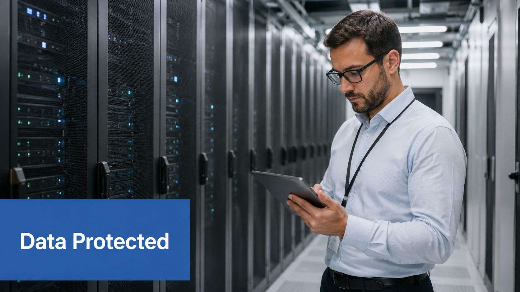 A professional IT technician inspecting server equipment in a secure, modern data center facility.