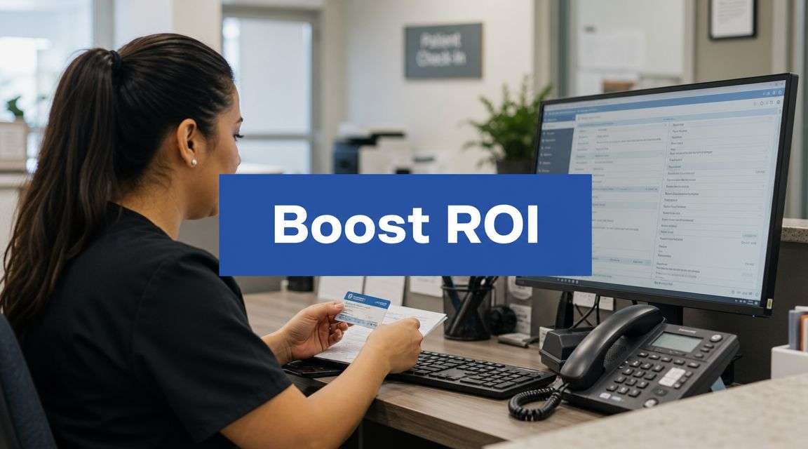 Woman at an office desk holding a card while looking at a monitor; blue banner reads 'Boost ROI'.