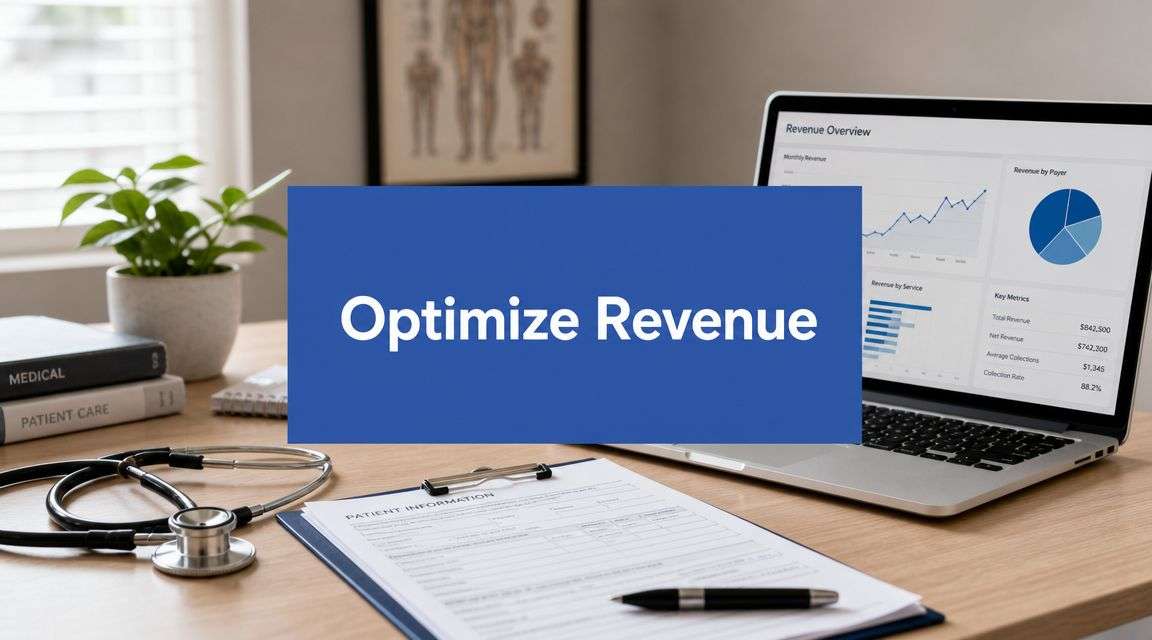 Banner reading 'Optimize Revenue' on a blue card placed on a medical workspace with a stethoscope, patient info form, and a laptop showing charts
