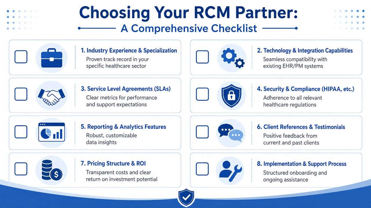 A comprehensive checklist for selecting a healthcare revenue cycle management partner to optimize medical billing processes.