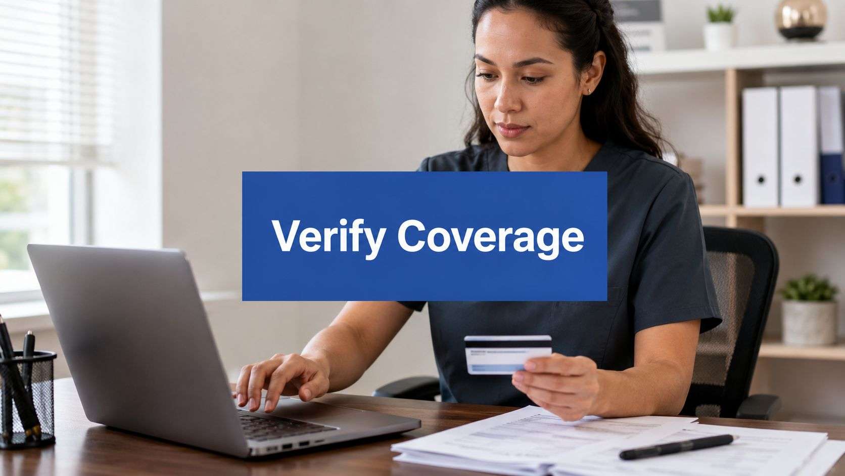 Woman at a desk with a laptop and credit card, overlay text reads 'Verify Coverage'.