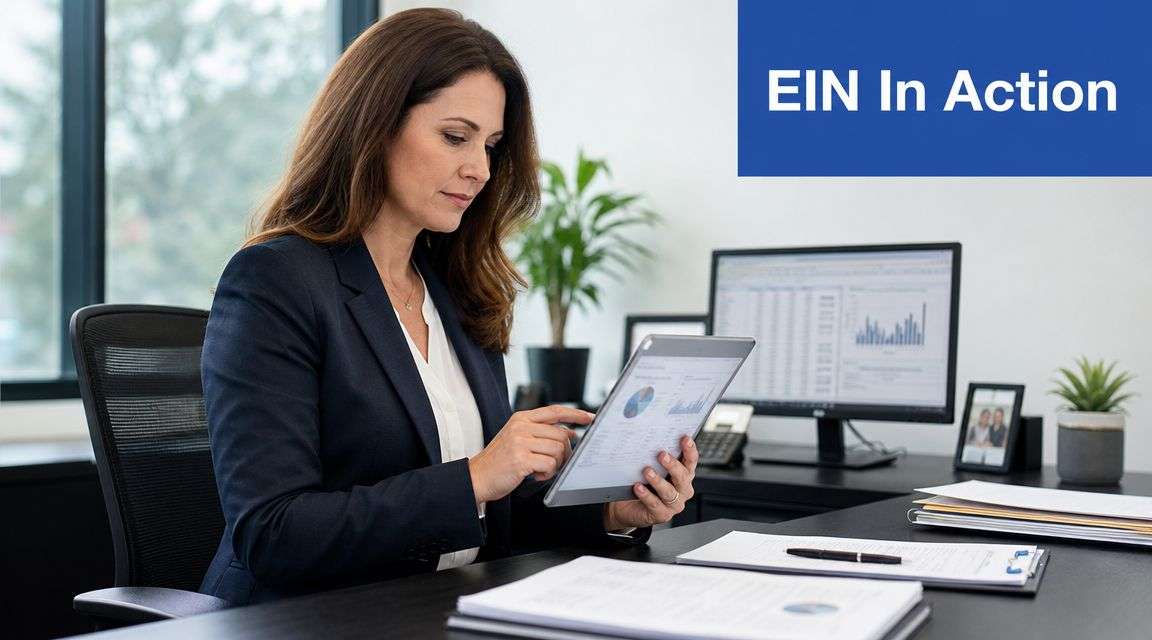 A professional businesswoman reviewing financial charts on a digital tablet while working in a modern office.