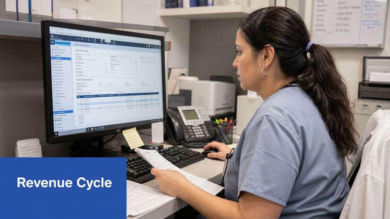 A healthcare professional working at a computer in an office, managing medical billing and claim information.
