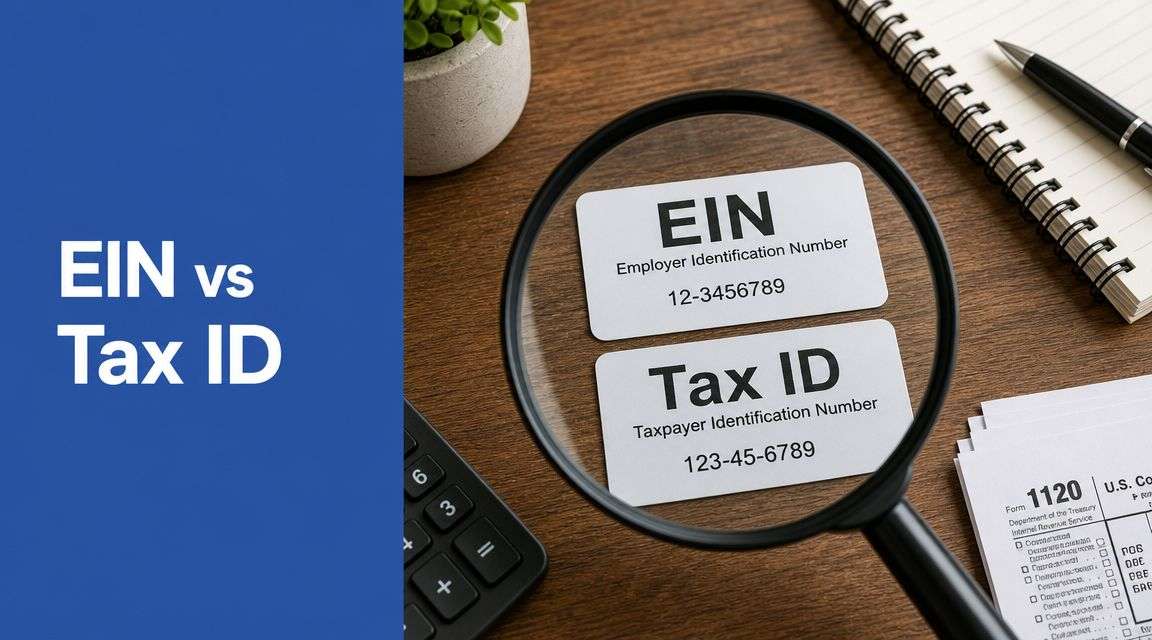 Comparison image showing EIN vs Tax ID: two cards labeled EIN (Employer Identification Number) and Tax ID (Taxpayer Identification Number) viewed through a magnifying glass on a desk.