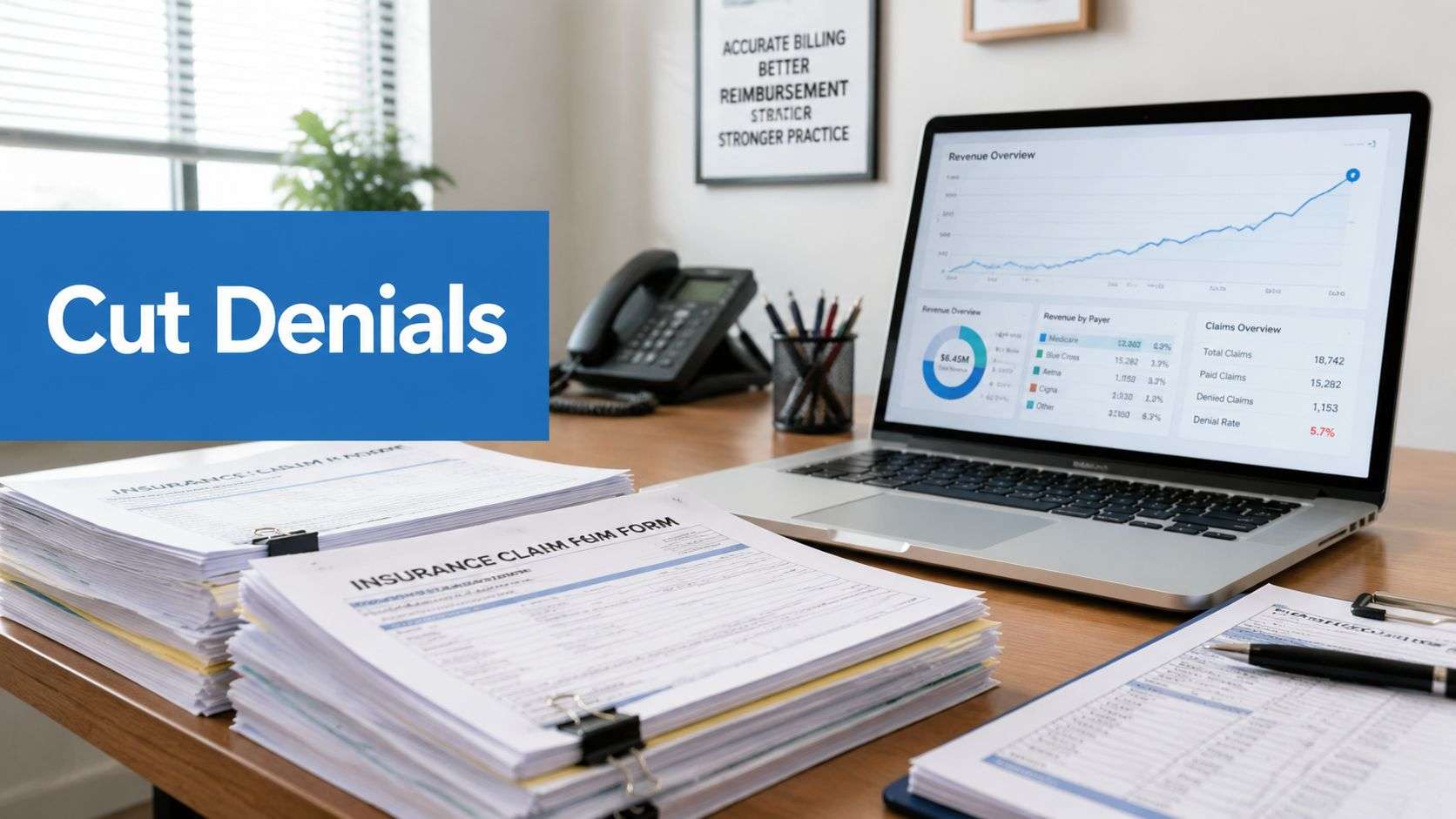Office desk with piles of insurance claim forms and an open laptop displaying a revenue chart; blue banner reads 'Cut Denials'.