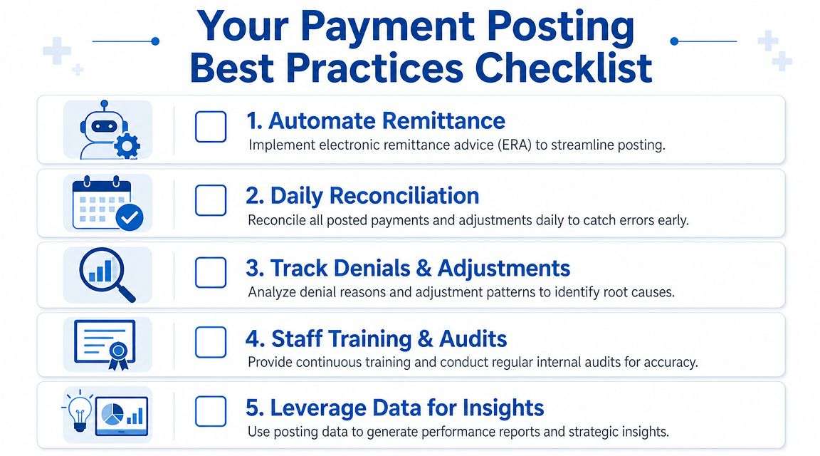 A checklist infographic outlining five essential best practices for medical billing payment posting and financial accuracy.
