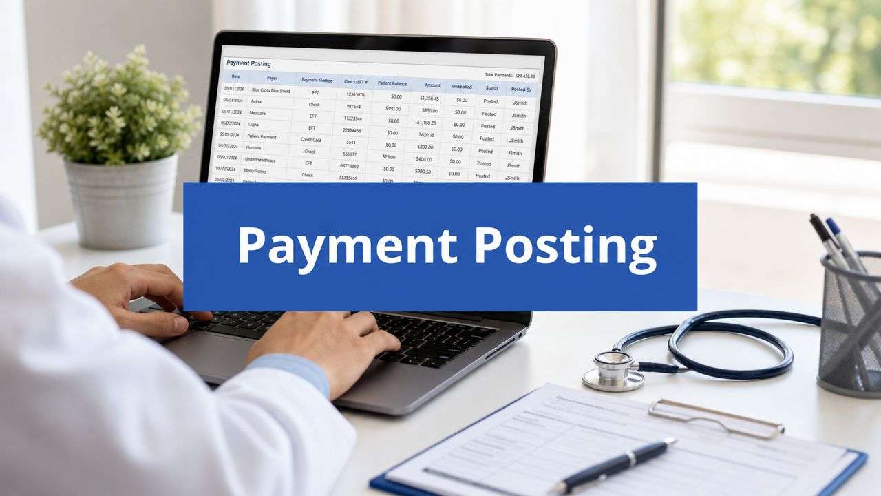 Medical office desk scene with a person typing on a laptop displaying a 'Payment Posting' banner.