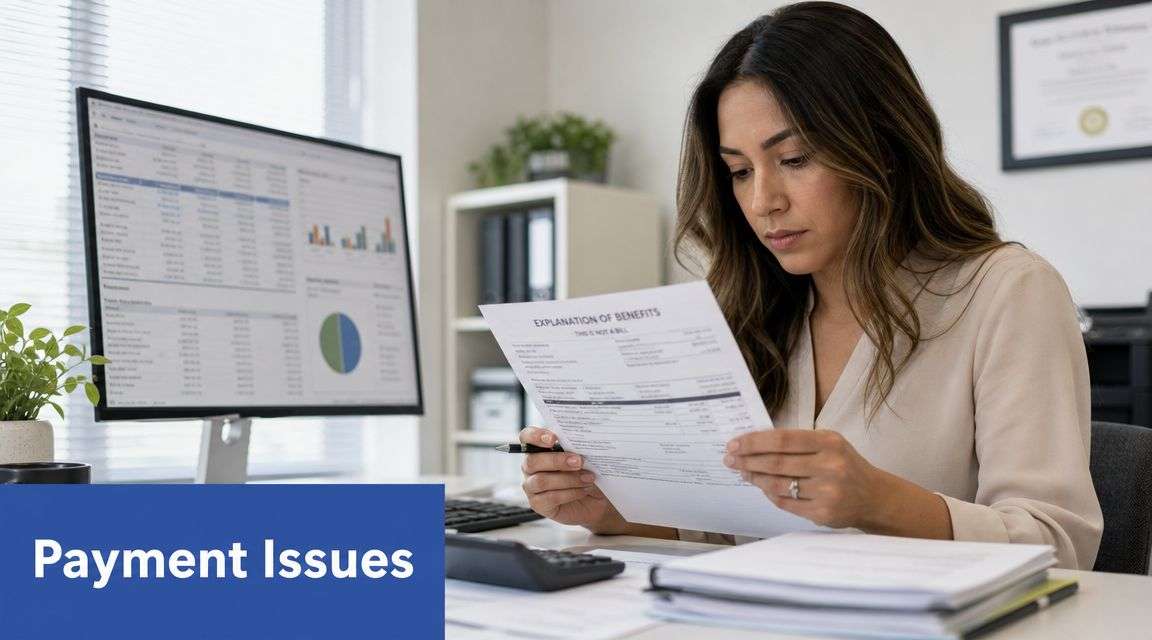 A professional woman in an office reviews her medical explanation of benefits document while seated at a desk.