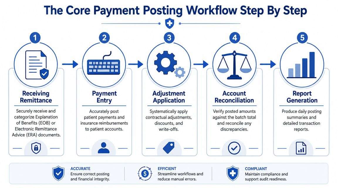 A five-step infographic showing the core payment posting workflow in a medical billing context.