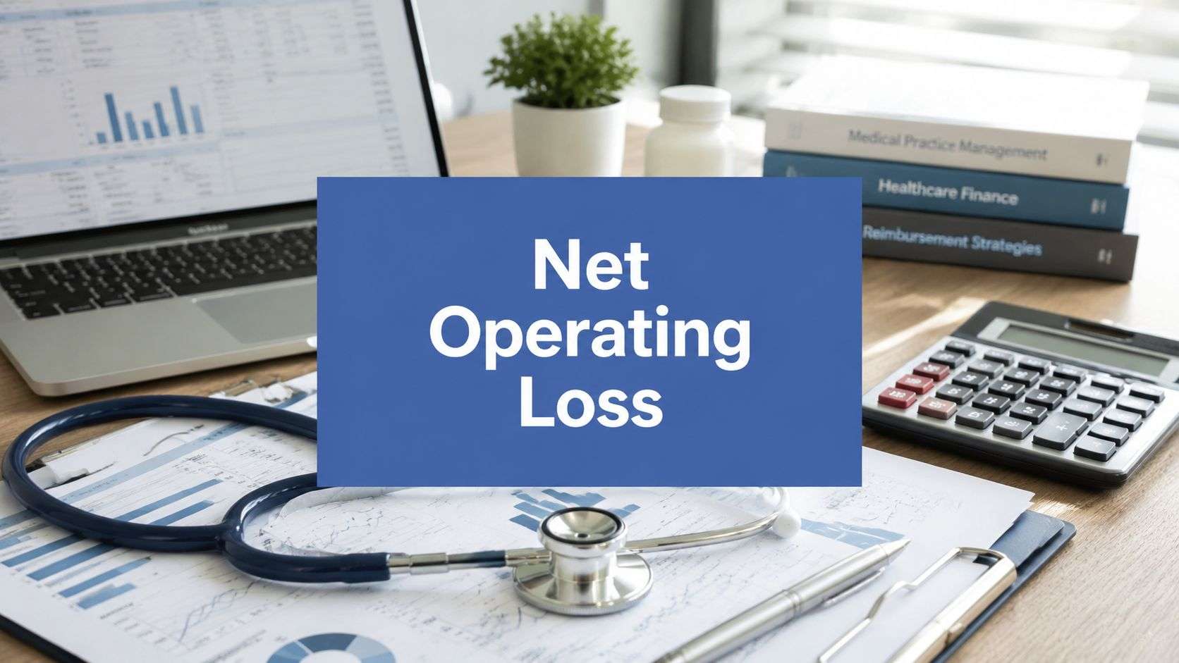 Blue sign reading 'Net Operating Loss' placed on a desk with financial charts, a calculator, and a laptop in the background.