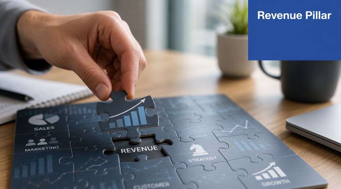 A hand placing a jigsaw puzzle piece representing growth onto a business dashboard table.
