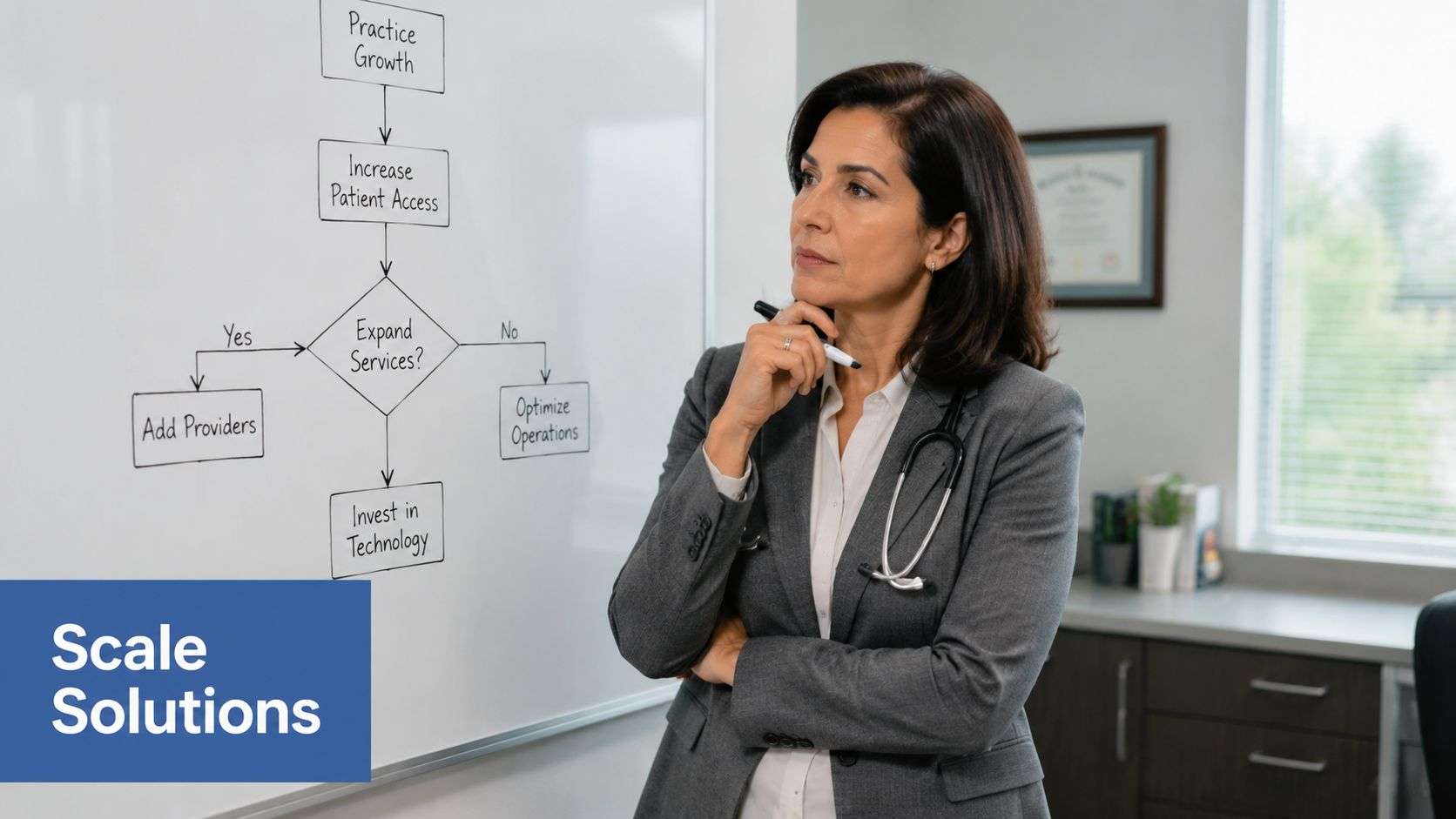 A female doctor in a blazer standing next to a whiteboard outlining a healthcare business growth strategy.