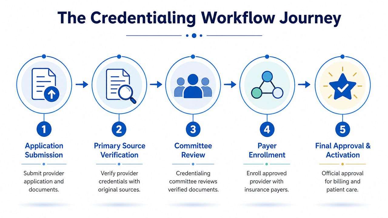 A five-step infographic showing the provider credentialing workflow journey from application submission to final approval.