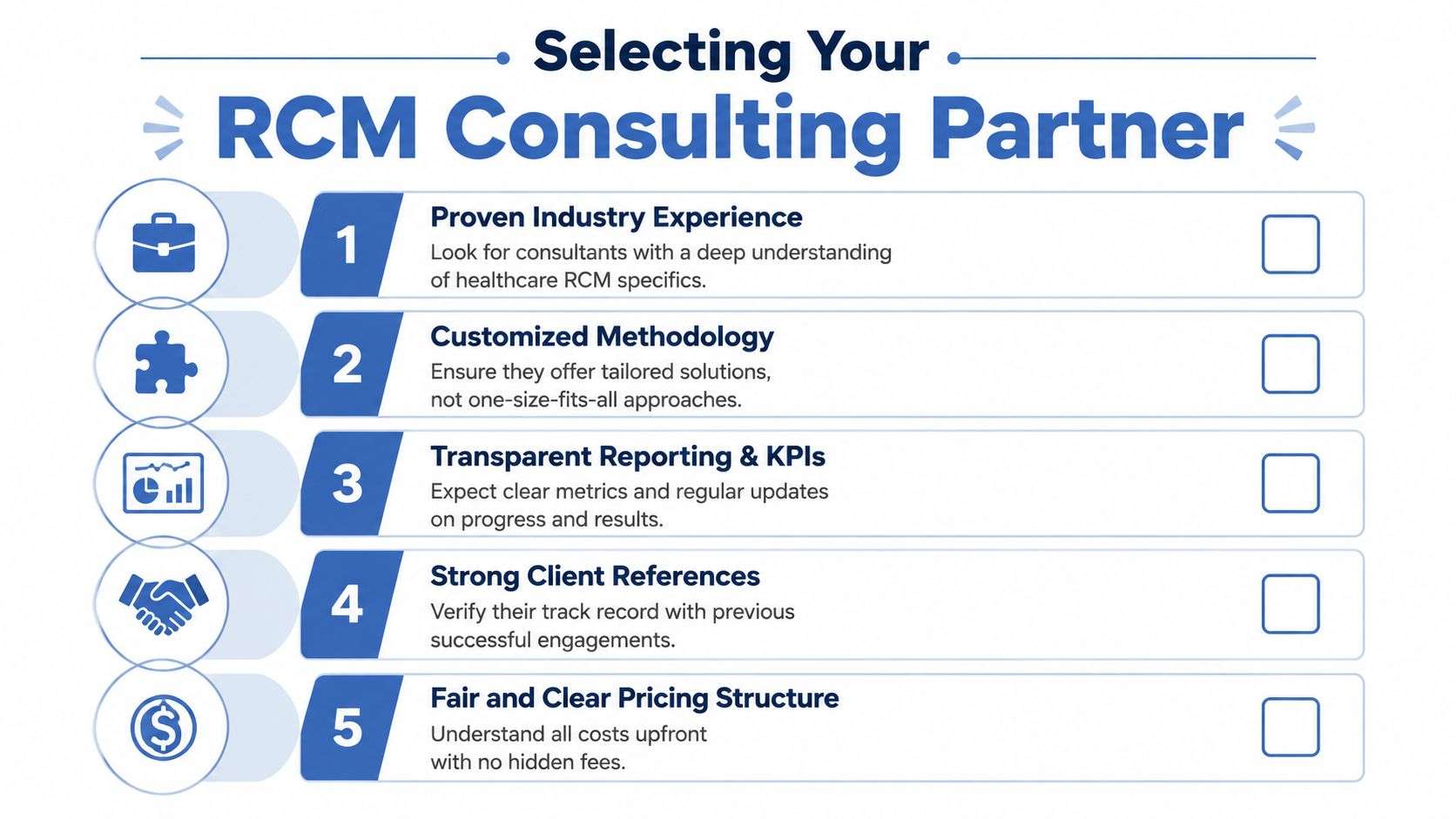 A checklist infographic titled Selecting Your RCM Consulting Partner with five key criteria for healthcare businesses.