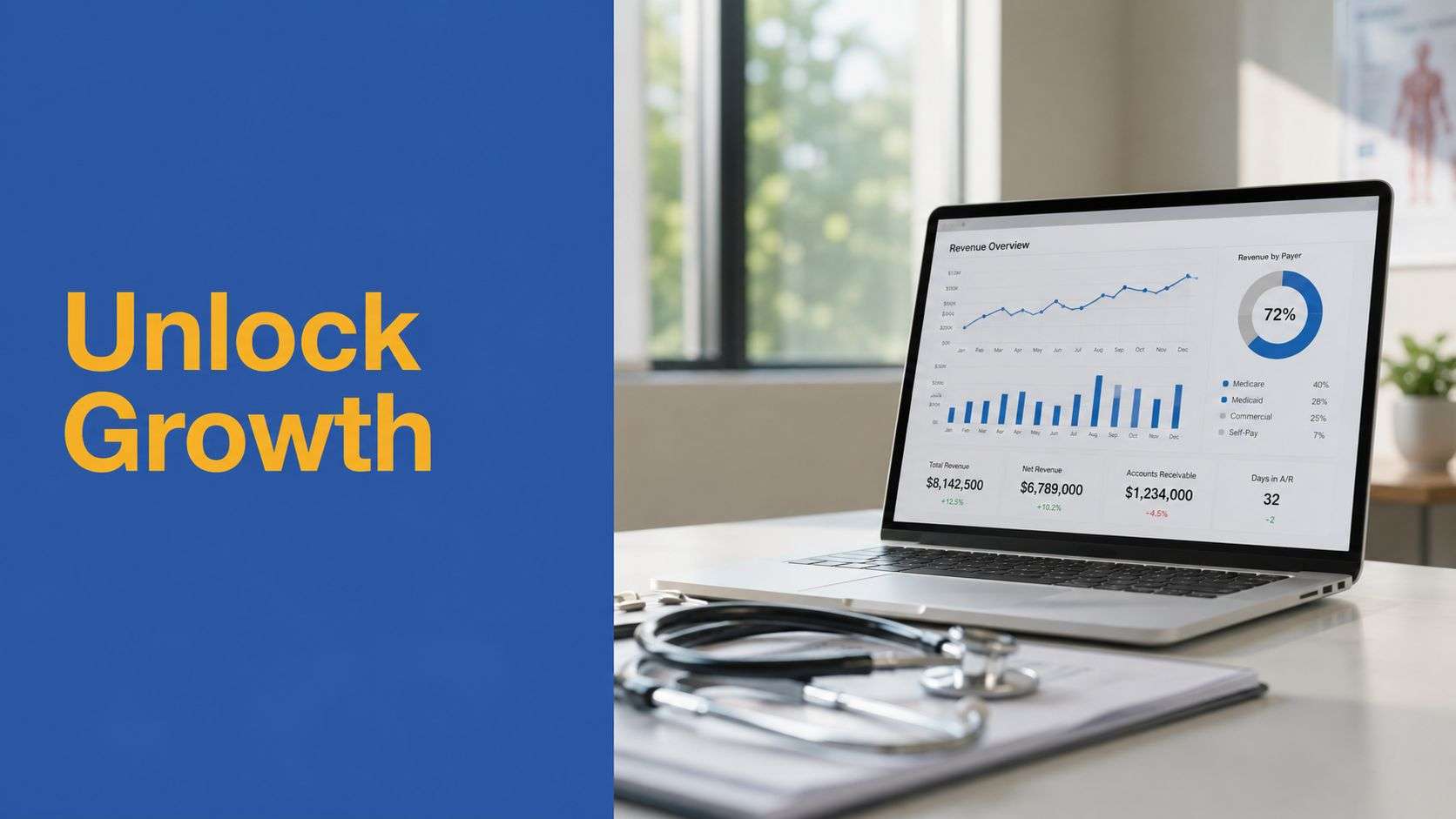 Blue panel with the words Unlock Growth in orange; a laptop on a desk showing charts in an office setting.