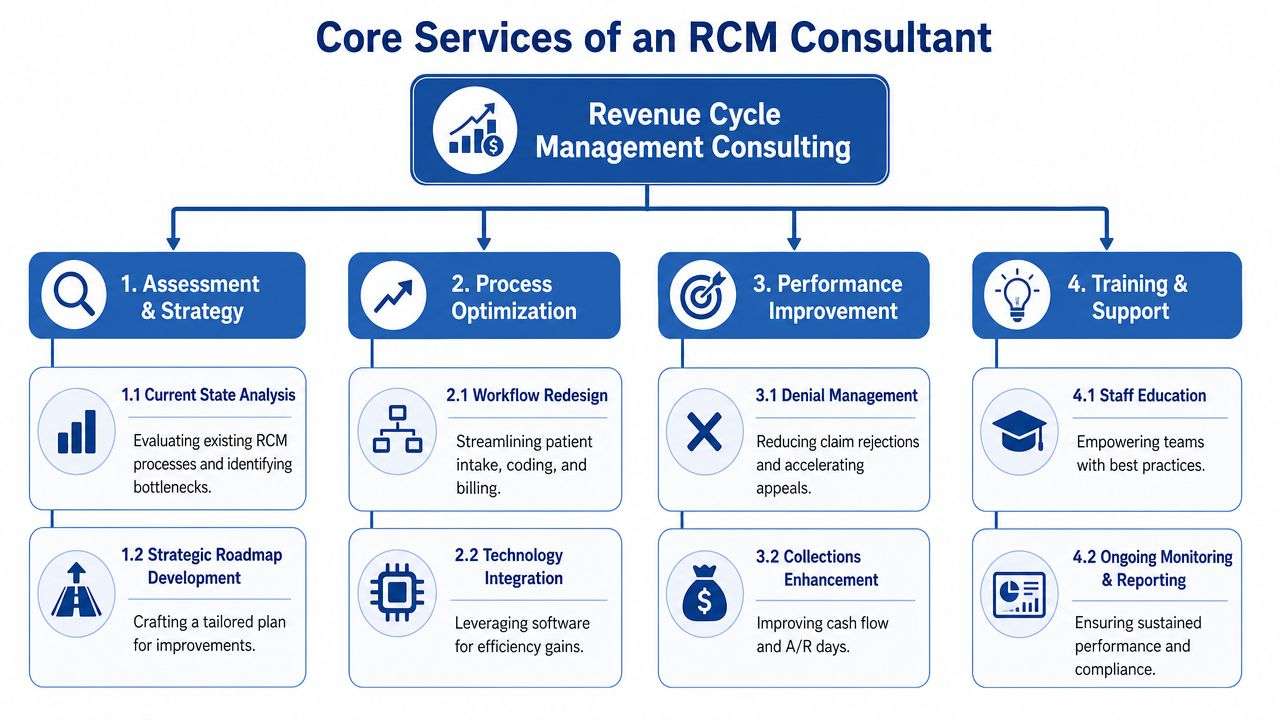 A diagram illustrating the four core services of a Revenue Cycle Management consultant, including assessment, process optimization, performance, and training.