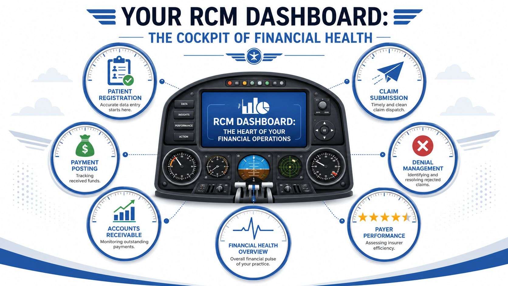 A visual infographic titled RCM Dashboard showing key components of financial health management for medical practices.