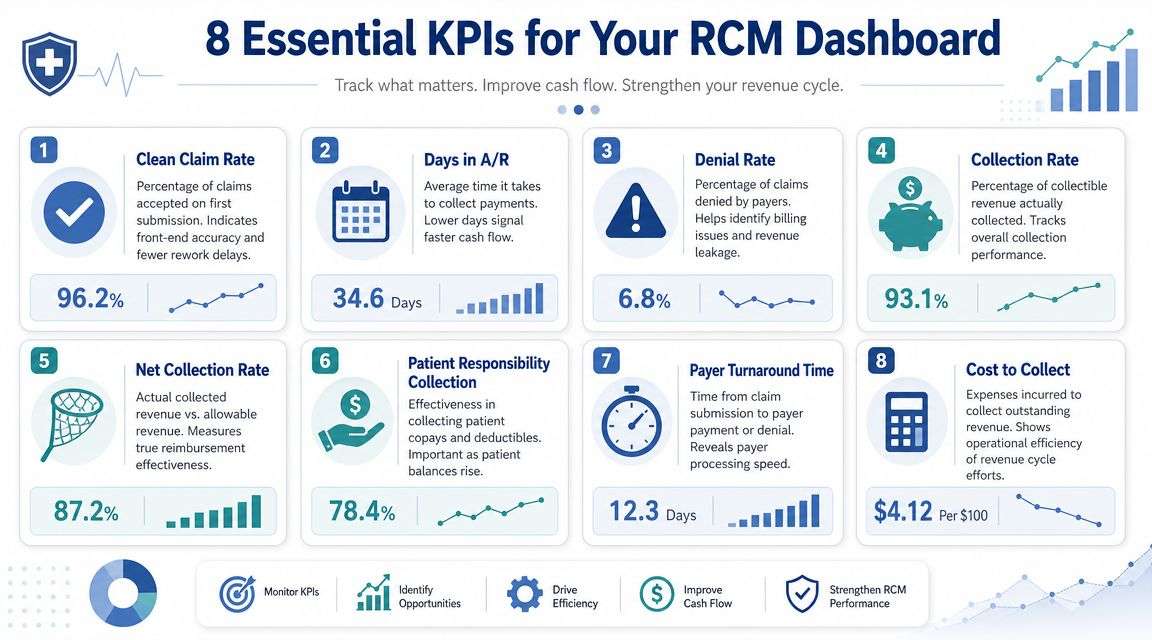 An infographic detailing eight essential key performance indicators for a medical revenue cycle management dashboard.