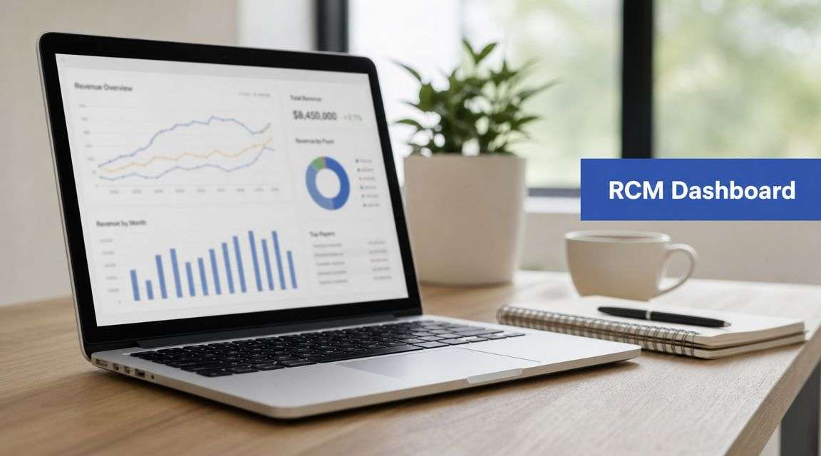 Laptop on a desk showing a dashboard with charts and graphs labeled 'RCM Dashboard' on the screen