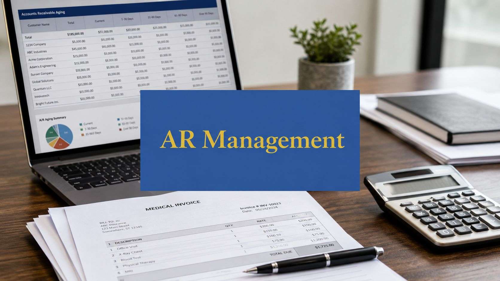 Blue AR Management sign displayed over a desk with a laptop showing spreadsheet charts, a medical invoice, calculator, plant, and books (office accounting scene).
