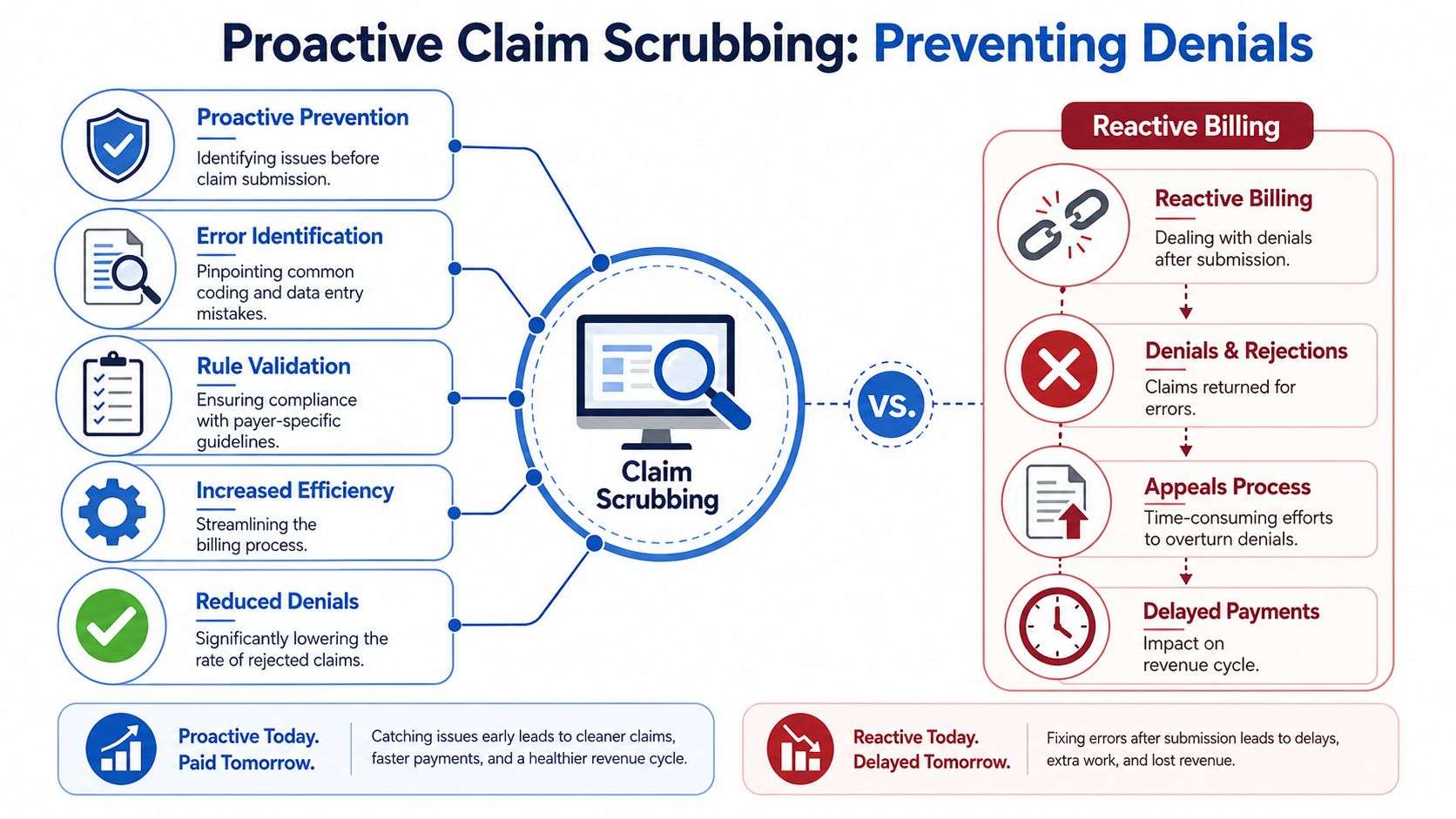 An infographic comparing proactive claim scrubbing to reactive billing processes to improve medical billing revenue cycles.