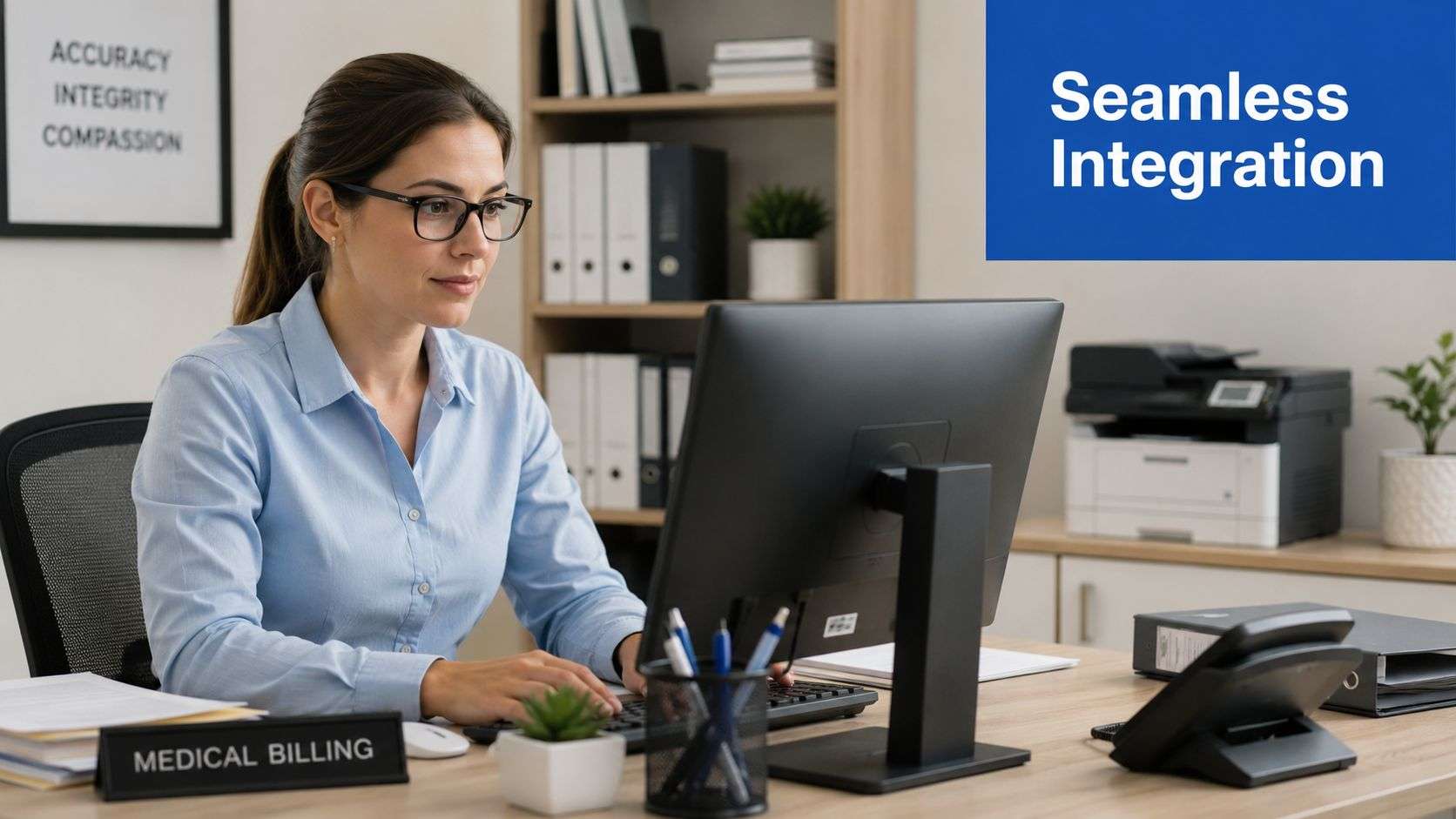 A professional woman working on a computer in a modern medical billing office environment.