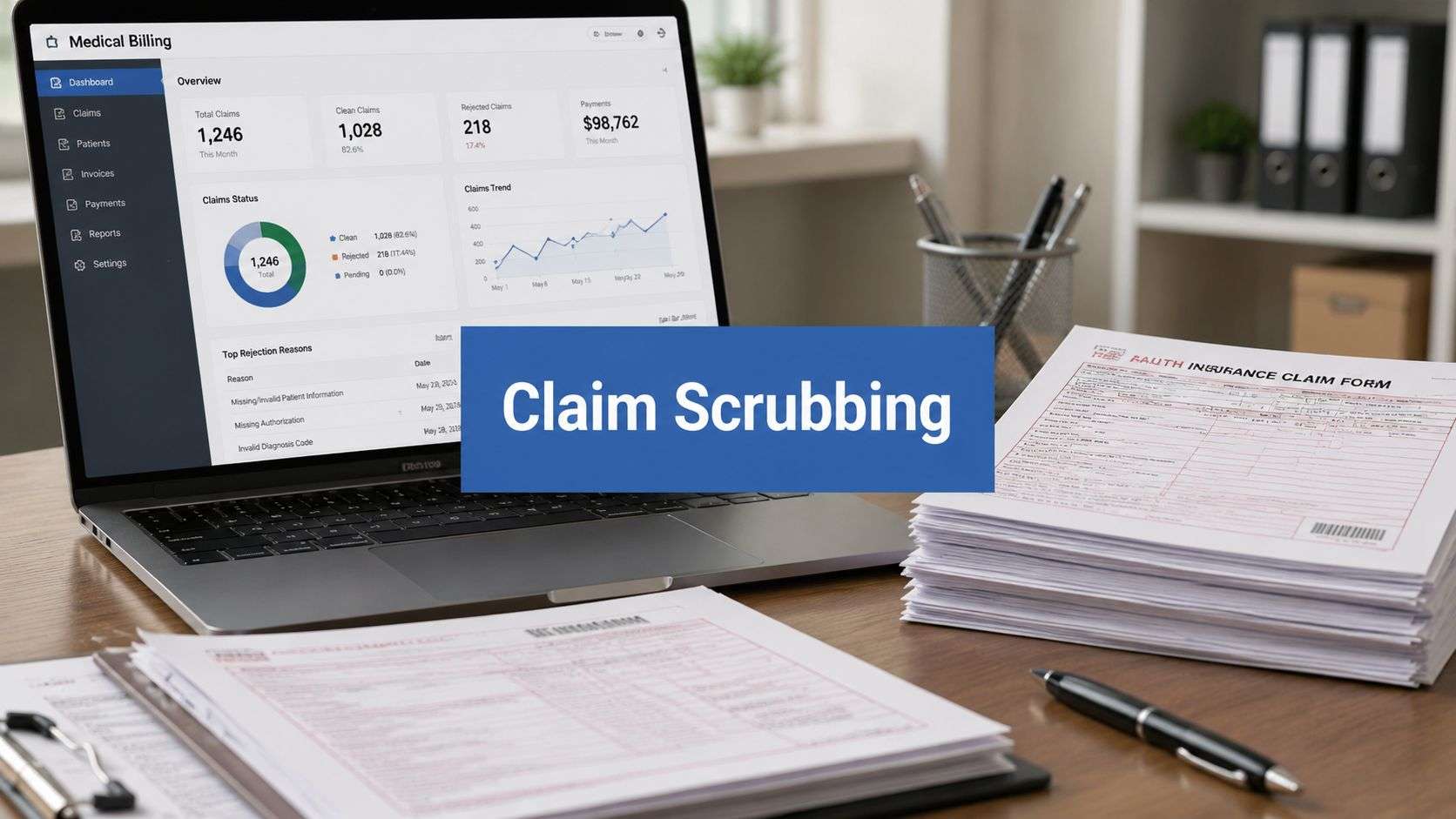 what-is-claim-scrubbing-medical-billing - One For All Medical Billing Laptop shows a medical billing dashboard with charts and stats; a blue 'Claim Scrubbing' banner sits over the screen, with stacks of insurance claim forms and a pen on the desk nearby.